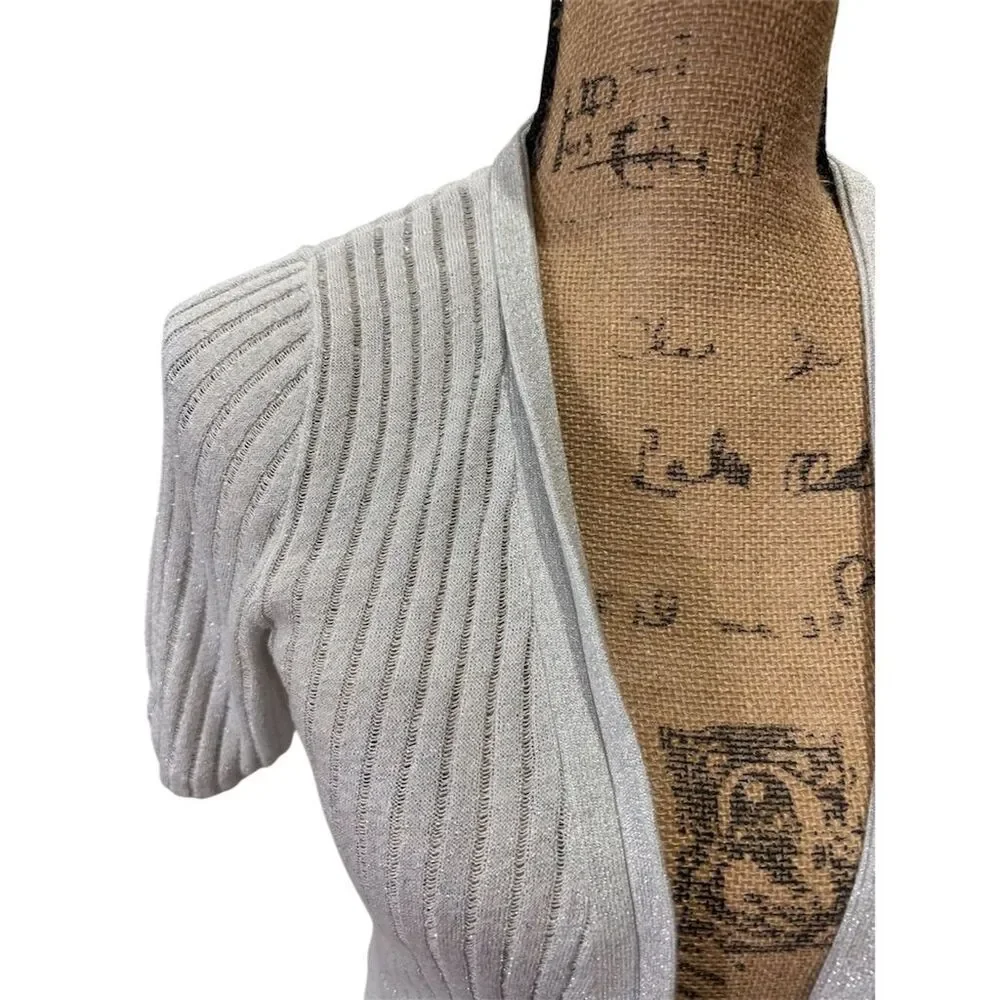 White House Black Market Women's Silver Short Sleeve Cardigan Sweater S - Picture 2 of 10